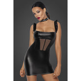 Noir Power Wetlook Short Dress with Front Tulle Inserts Womens Latex